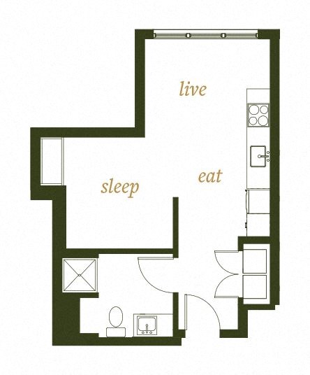 Floor plan for 1 bed, 1 bath, 447 sqft
